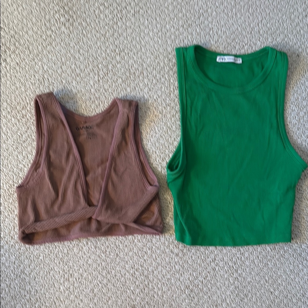 Bundle of Zara and Garage Women's Green and Brown Crop Tops